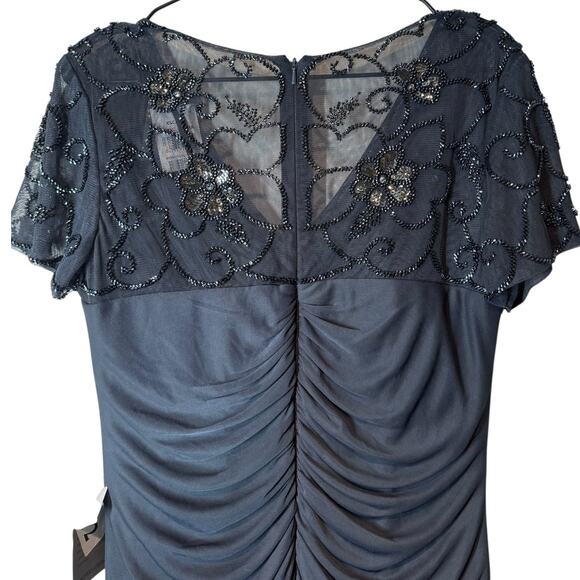 NWT Xscape Evenings Beaded Short Sleeve Ruched Gown Navy Blue 8 Formal Wedding - Picture 12 of 13